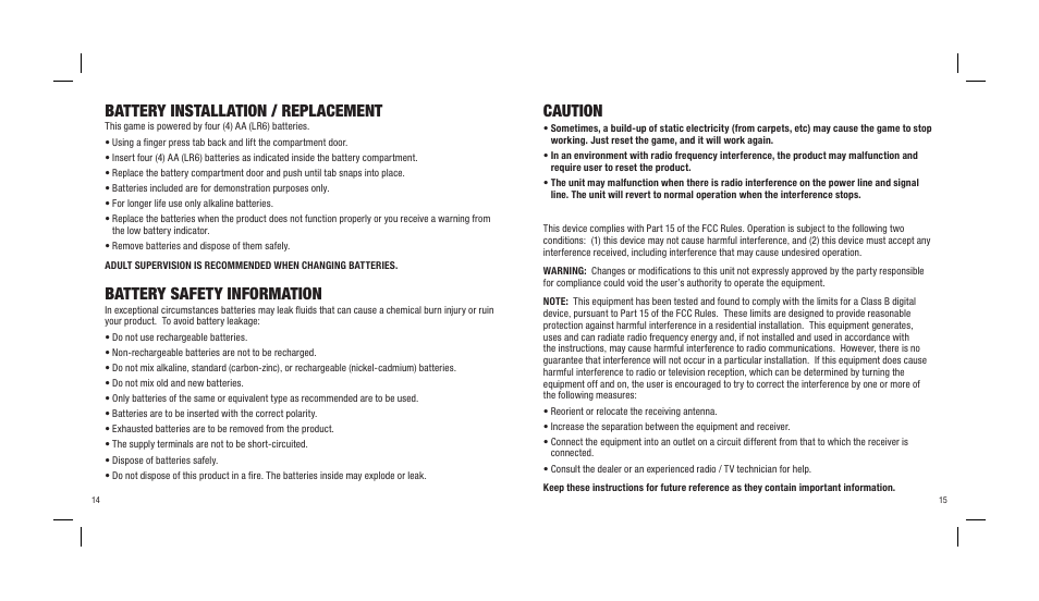 Battery installation / replacement, Battery safety information, Caution | Mattel UCREATE N9496 User Manual | Page 9 / 10