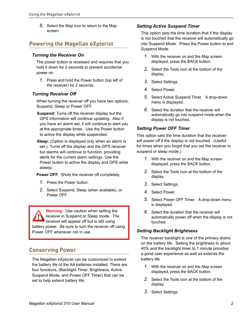 Powering the magellan explorist, Conserving power | MiTAC MAGELLAN EXPLORIST 310 User Manual | Page 14 / 39
