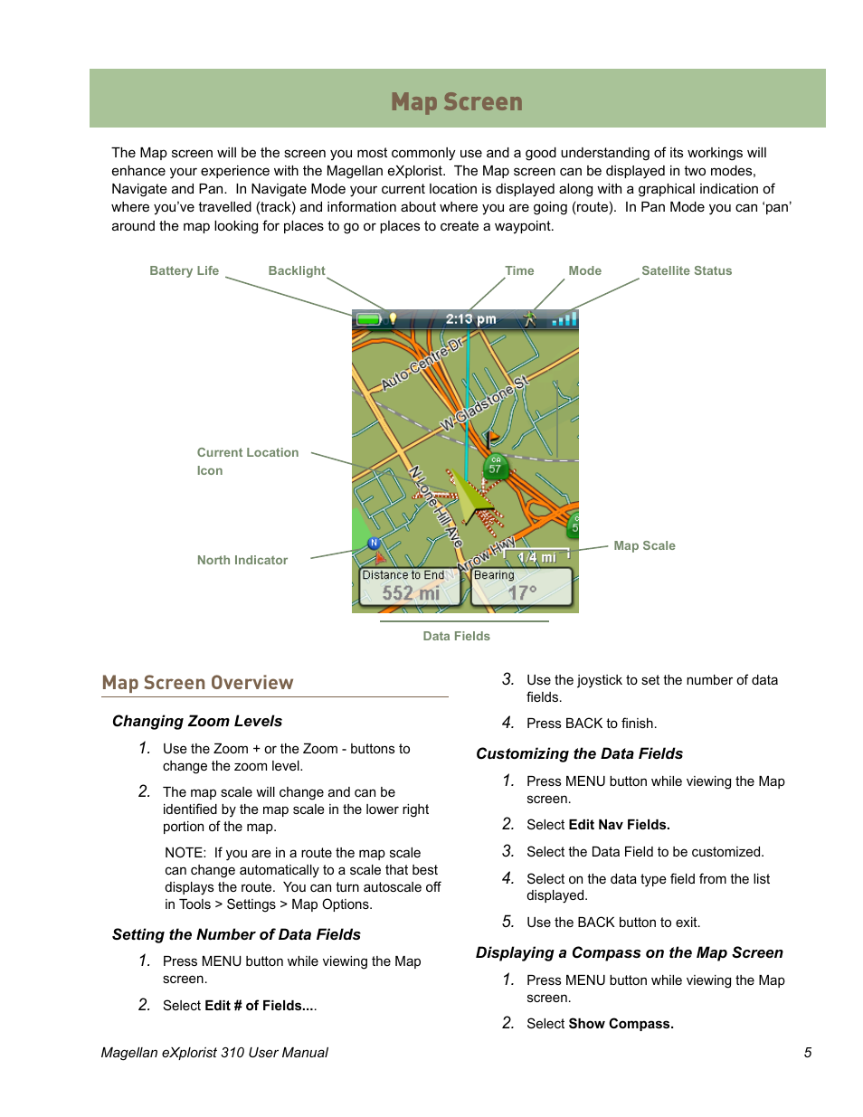 Map screen, Map screen overview | MiTAC MAGELLAN EXPLORIST 310 User Manual | Page 17 / 39