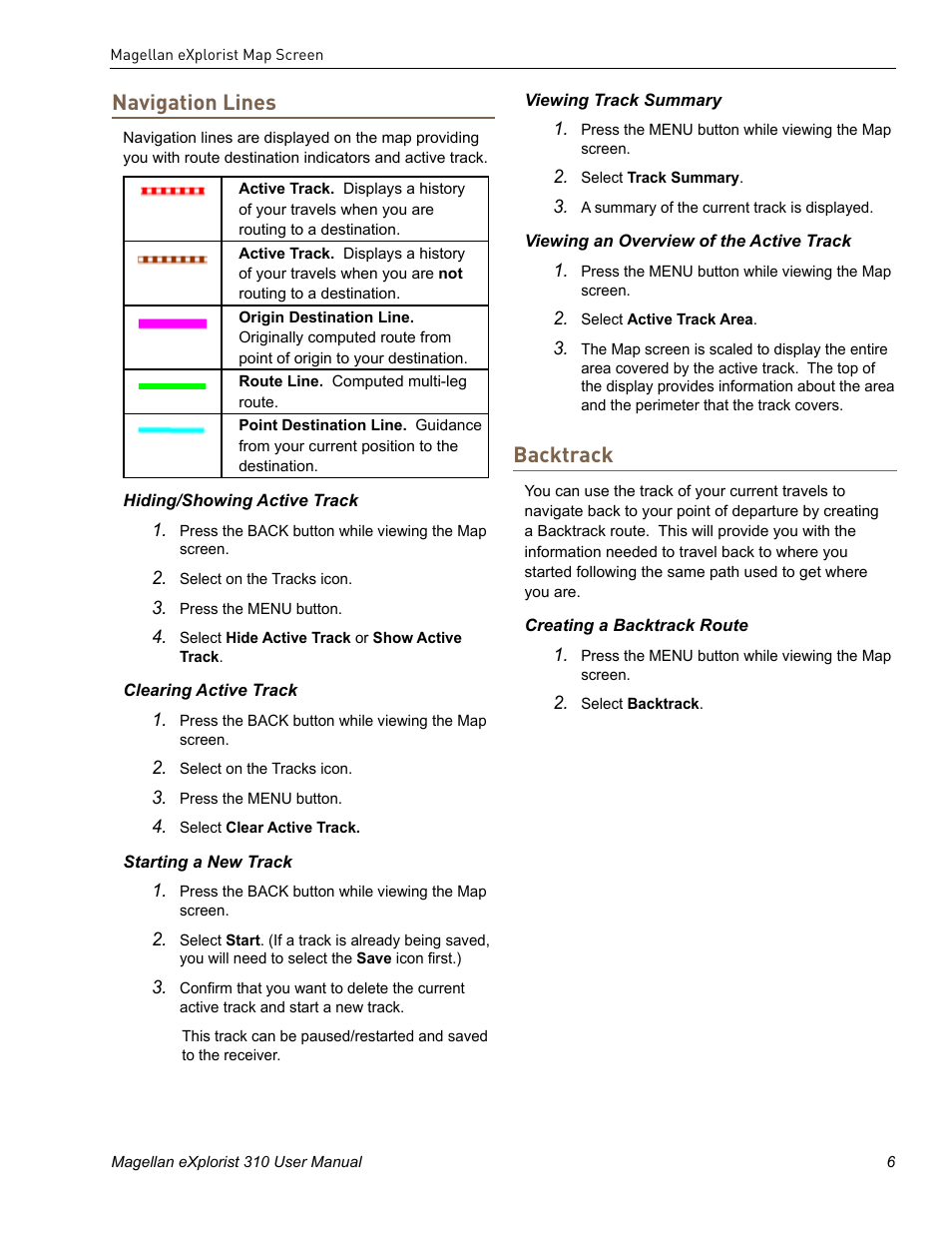 Backtrack, Navigation lines | MiTAC MAGELLAN EXPLORIST 310 User Manual | Page 18 / 39