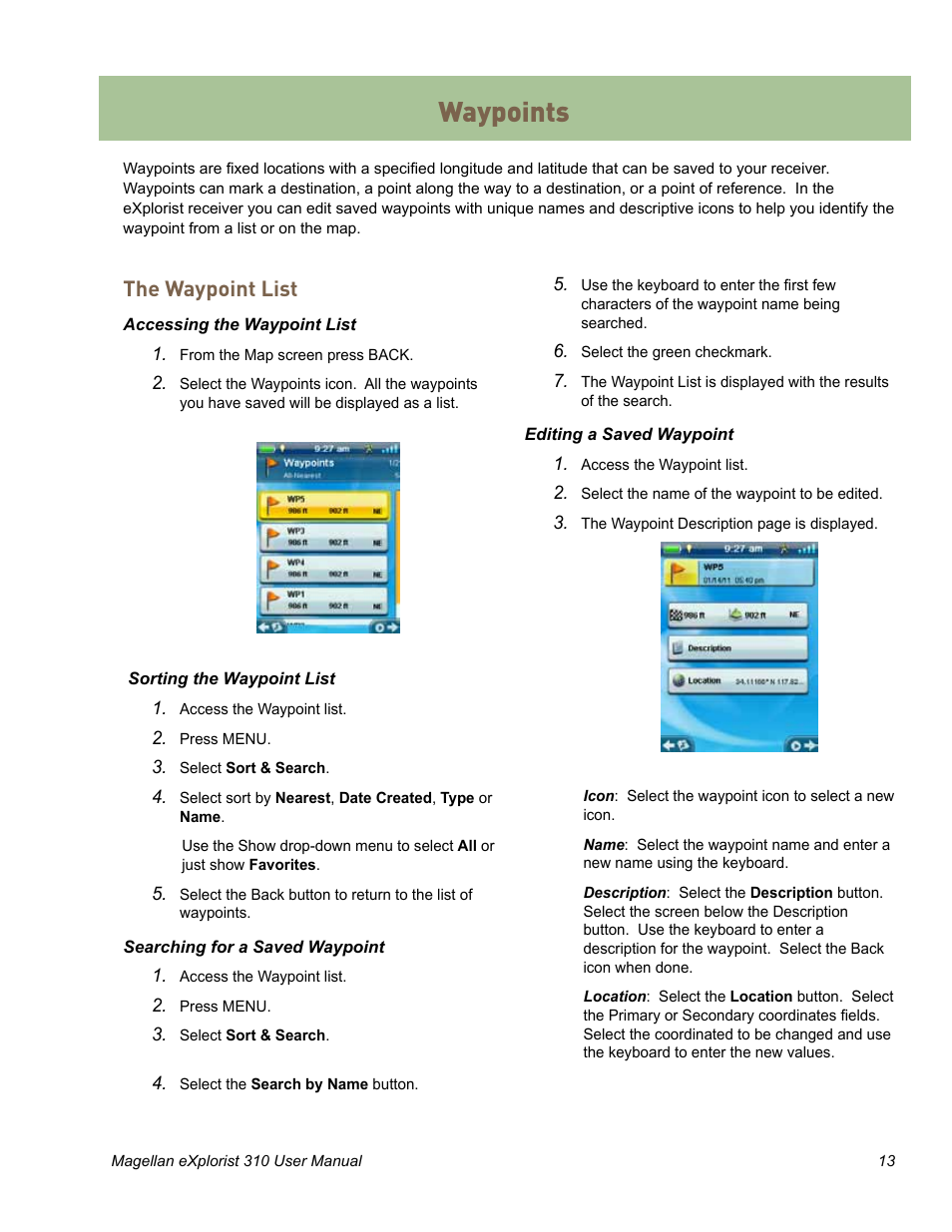 Waypoints, The waypoint list | MiTAC MAGELLAN EXPLORIST 310 User Manual | Page 23 / 39