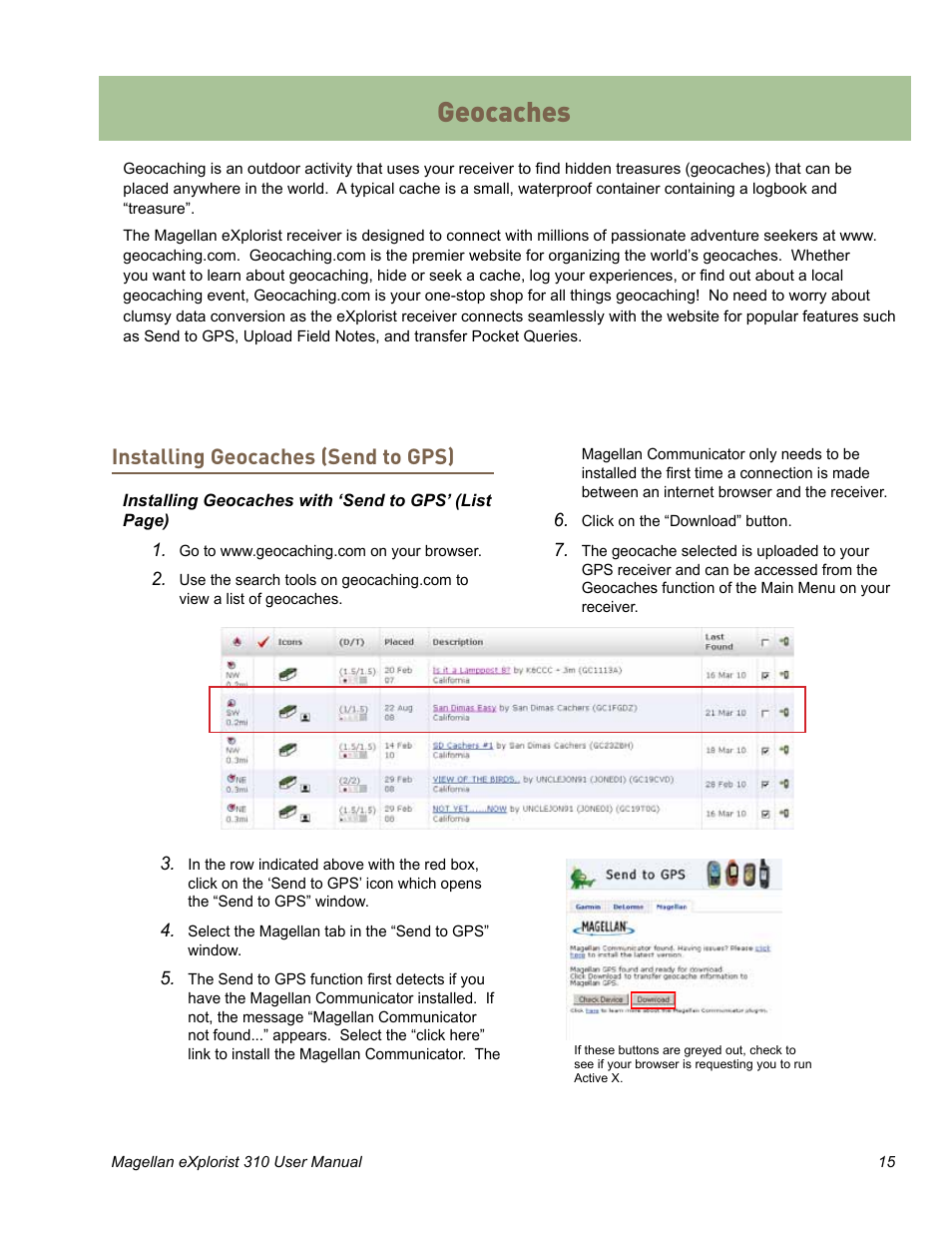 Geocaches, Installing geocaches (send to gps) | MiTAC MAGELLAN EXPLORIST 310 User Manual | Page 25 / 39