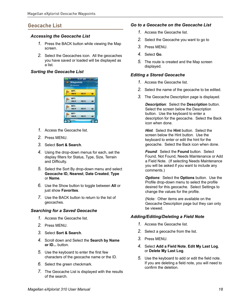 Geocache list | MiTAC MAGELLAN EXPLORIST 310 User Manual | Page 28 / 39