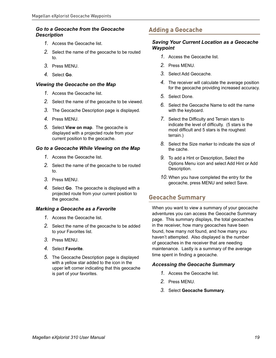 Adding a geocache, Geocache summary | MiTAC MAGELLAN EXPLORIST 310 User Manual | Page 29 / 39