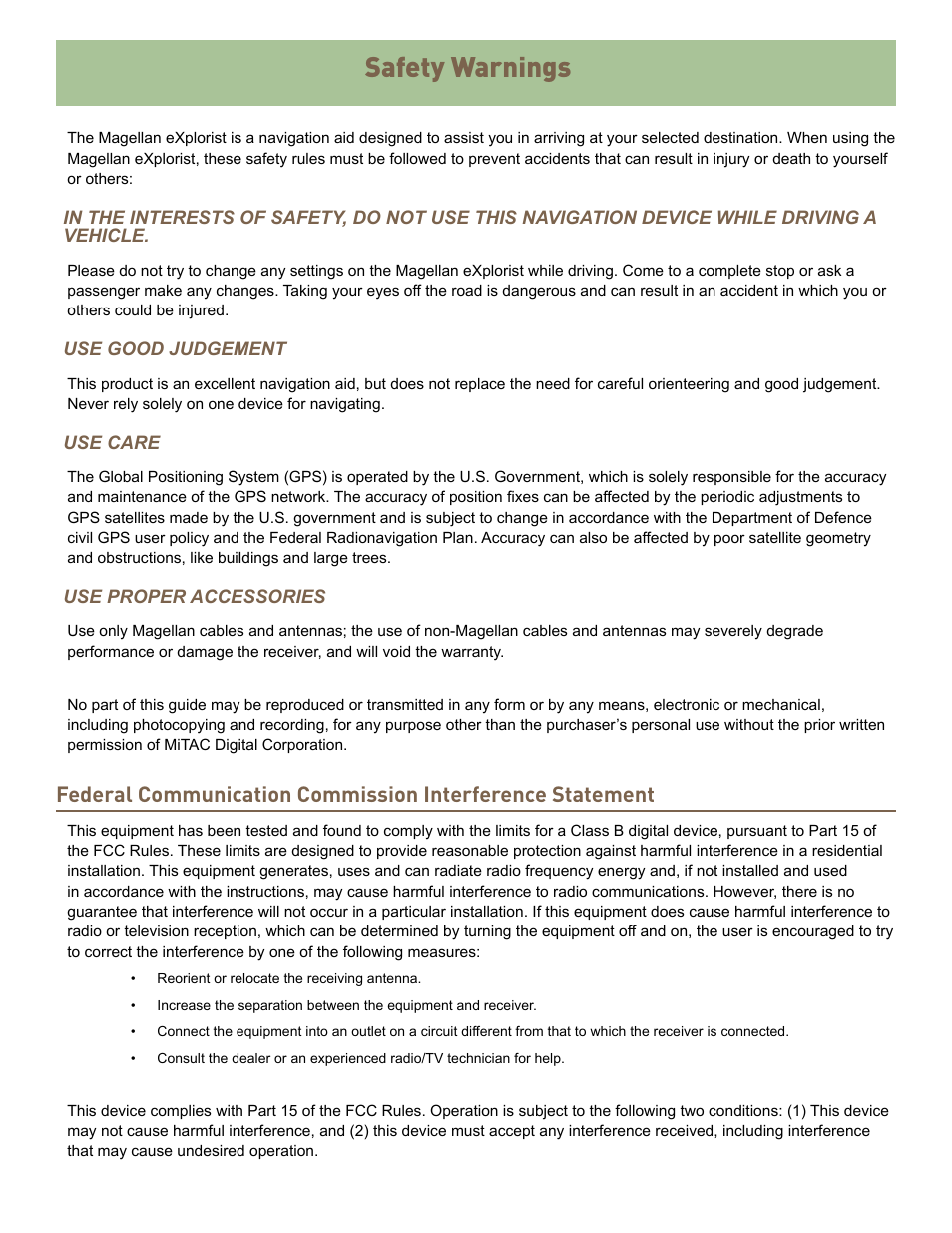Safety warnings | MiTAC MAGELLAN EXPLORIST 310 User Manual | Page 3 / 39