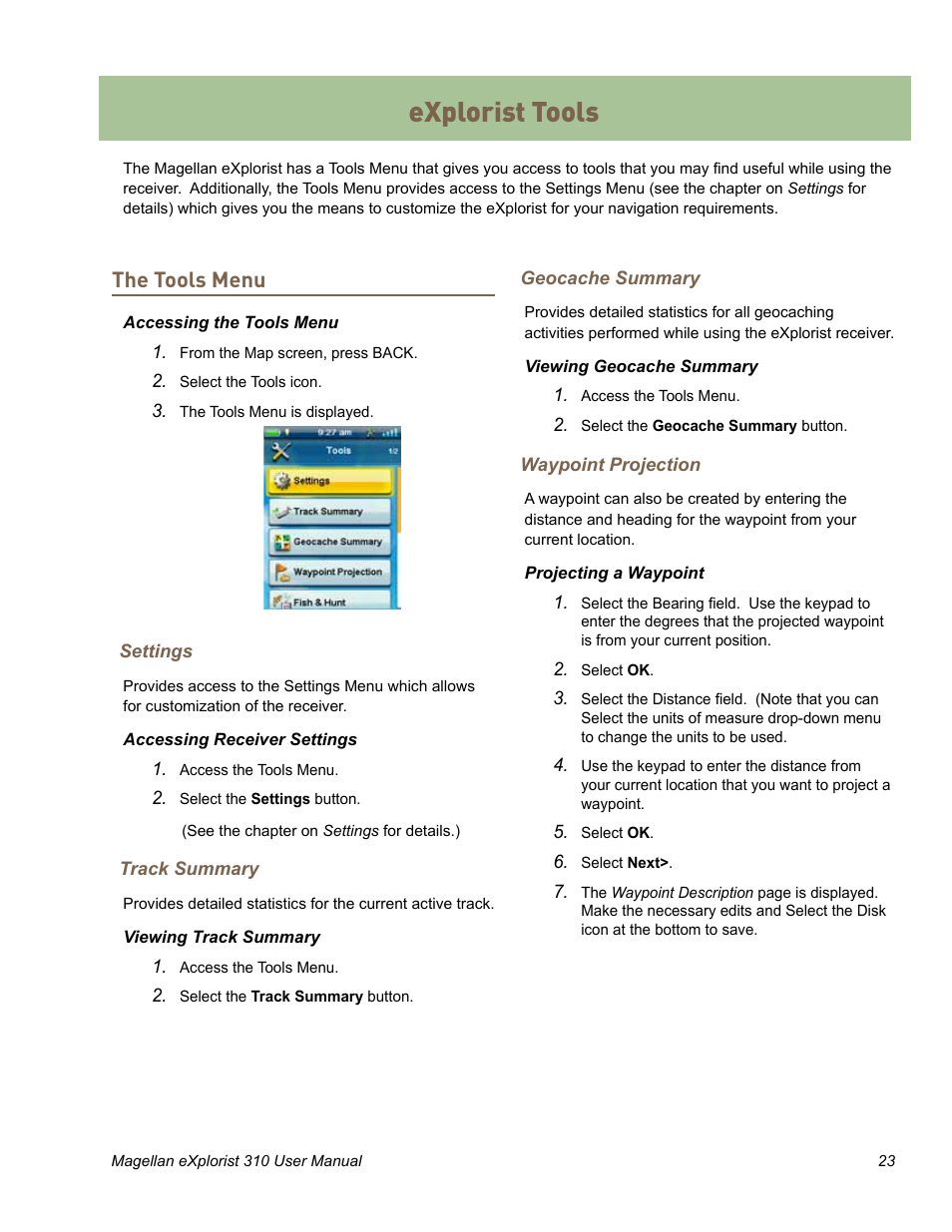 Explorist tools, The tools menu | MiTAC MAGELLAN EXPLORIST 310 User Manual | Page 32 / 39