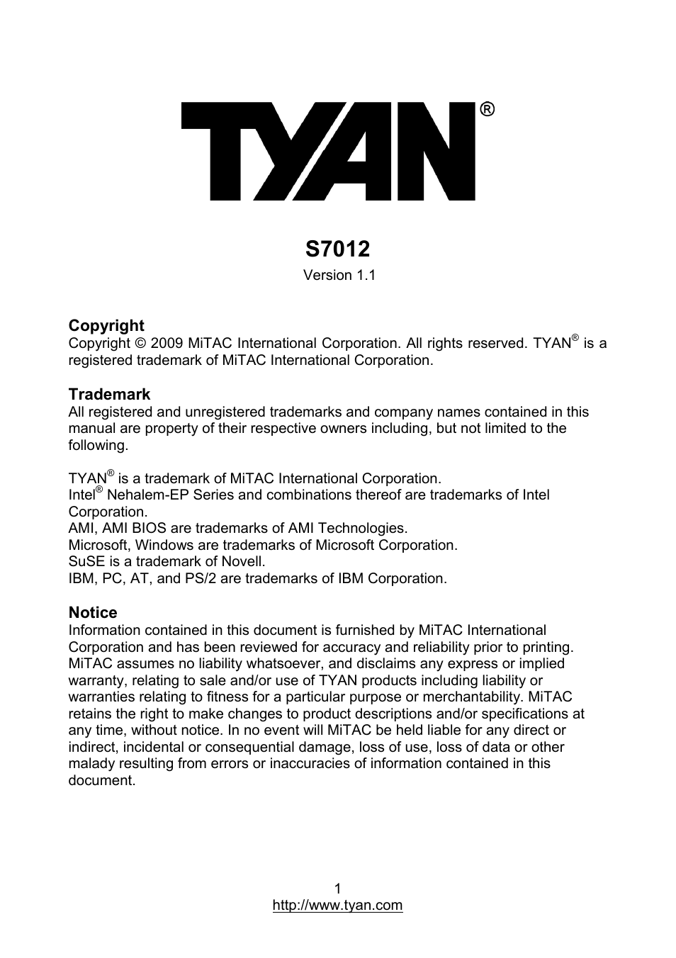 MiTAC TYAN S7012 User Manual | 88 pages