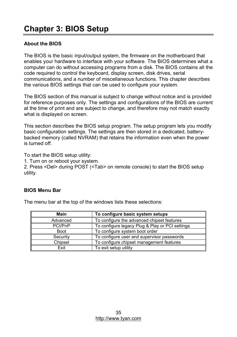 Chapter 3: bios setup | MiTAC TYAN S7012 User Manual | Page 35 / 88