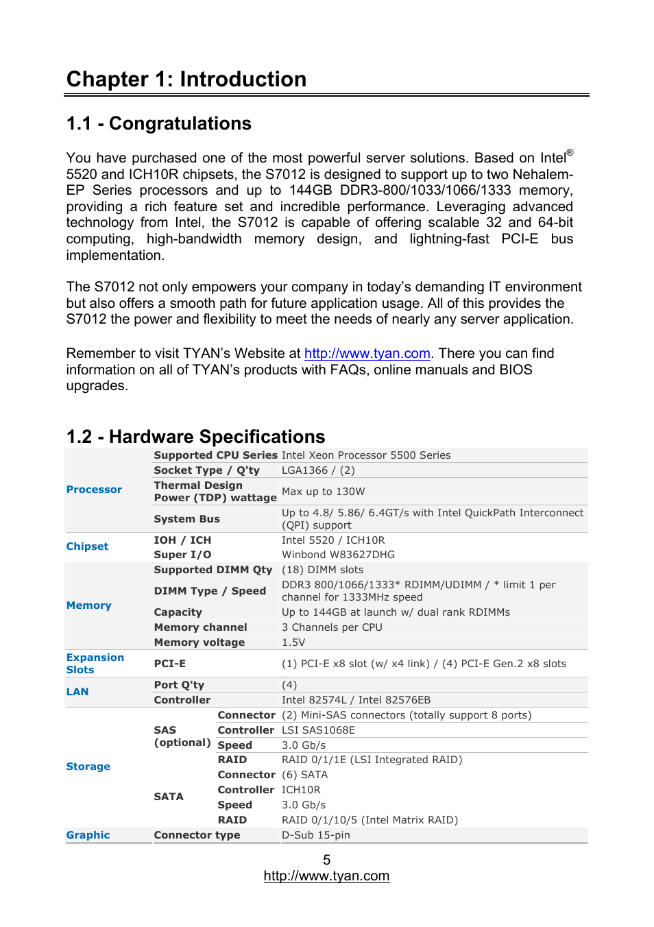 Chapter 1: introduction, 2 - hardware specifications | MiTAC TYAN S7012 User Manual | Page 5 / 88