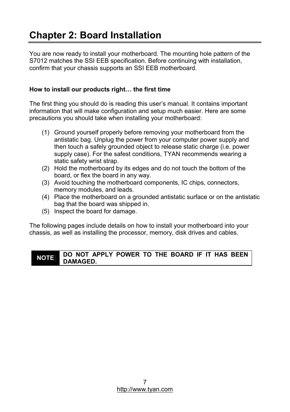 Chapter 2: board installation | MiTAC TYAN S7012 User Manual | Page 7 / 88
