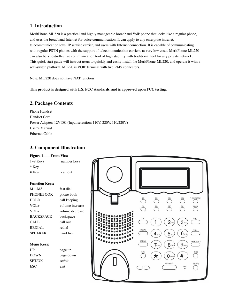 Introduction, Package contents, Component illustration | Meritline.com ML 220 User Manual | Page 3 / 15