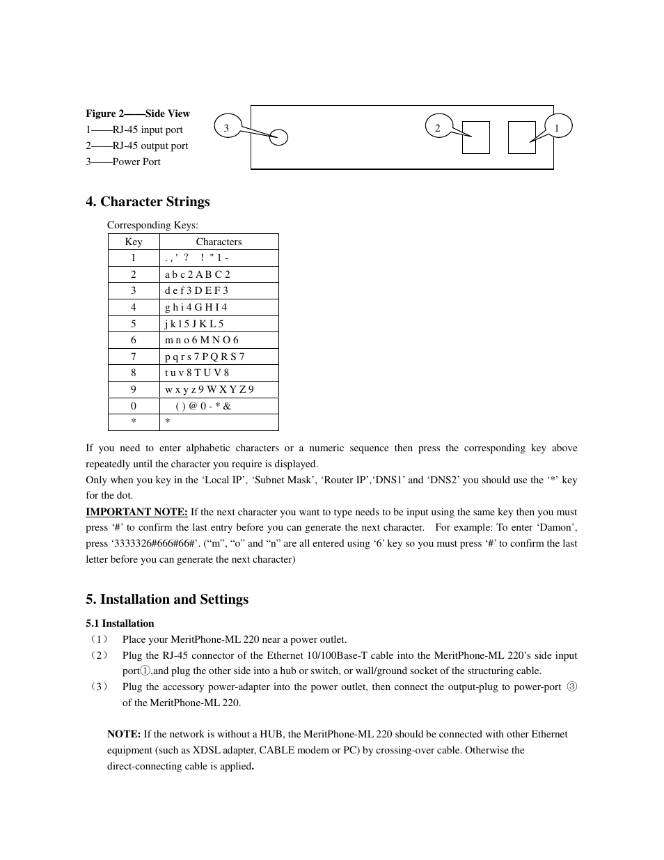 Character strings, Installation and settings | Meritline.com ML 220 User Manual | Page 4 / 15
