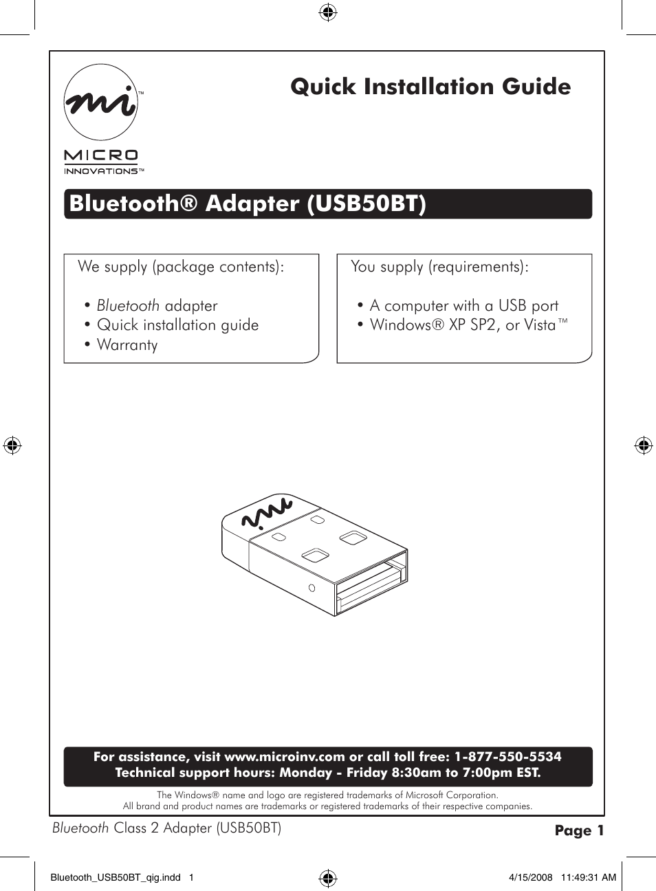 Micro Innovations USB50BT User Manual | 2 pages