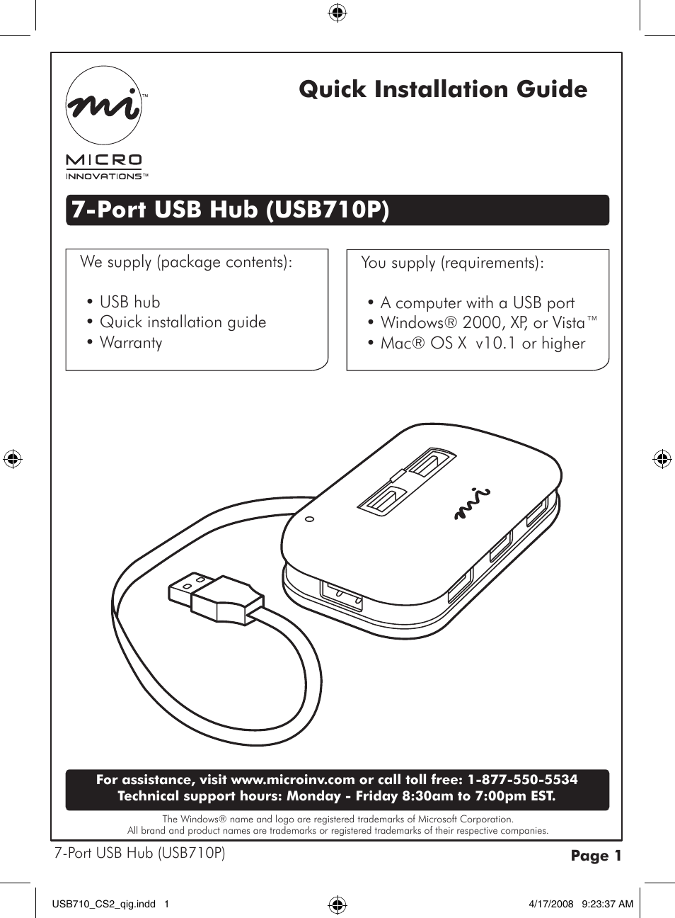 Micro Innovations 7-Port USB Hub USB710P User Manual | 2 pages