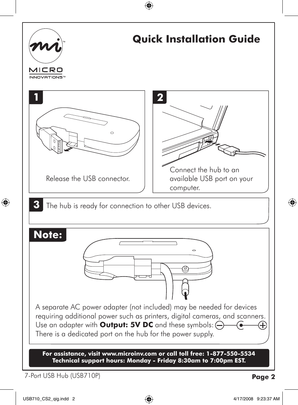 Quick installation guide 1 | Micro Innovations 7-Port USB Hub USB710P User Manual | Page 2 / 2