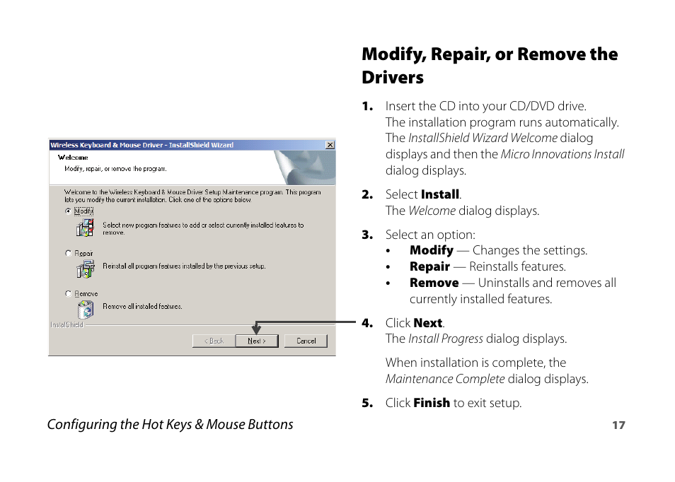 Modify, repair, or remove the drivers | Micro Innovations KB990W User Manual | Page 17 / 20