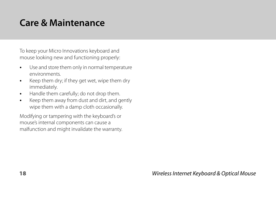 Care & maintenance | Micro Innovations KB990W User Manual | Page 18 / 20