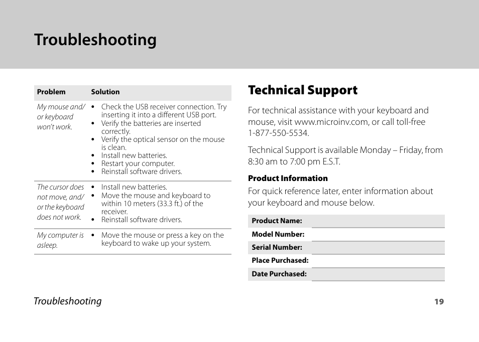 Troubleshooting, Technical support | Micro Innovations KB990W User Manual | Page 19 / 20