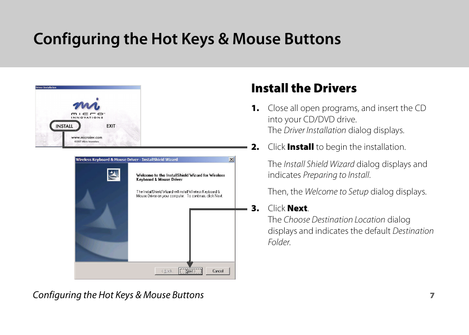 Configuring the hot keys & mouse buttons, Install the drivers | Micro Innovations KB990W User Manual | Page 7 / 20