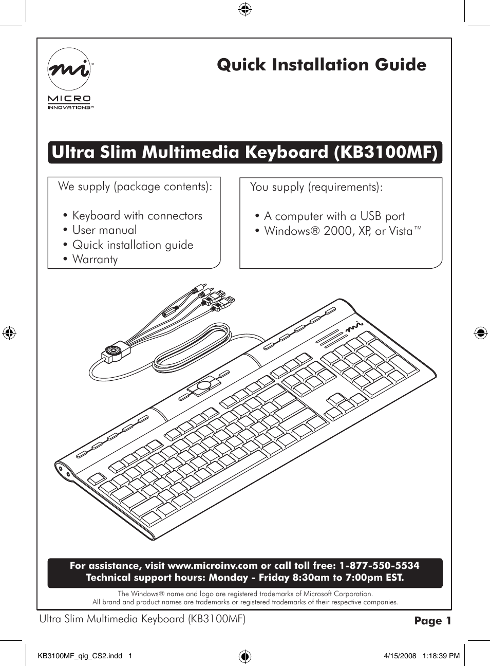 Micro Innovations KB3100MF User Manual | 2 pages