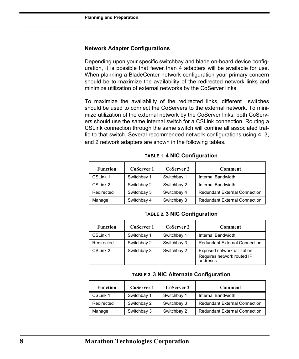 Network adapter configurations, Table 1. 4 nic configuration, Table 2. 3 nic configuration | Table 3. 3 nic alternate configuration, 8marathon technologies corporation | Marathon Computer FTvirtual Server User Manual | Page 14 / 50