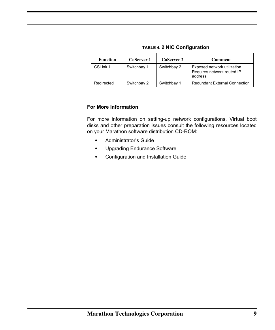 Table 4. 2 nic configuration, Table - 2 nic configuration, Marathon technologies corporation 9 | Marathon Computer FTvirtual Server User Manual | Page 15 / 50