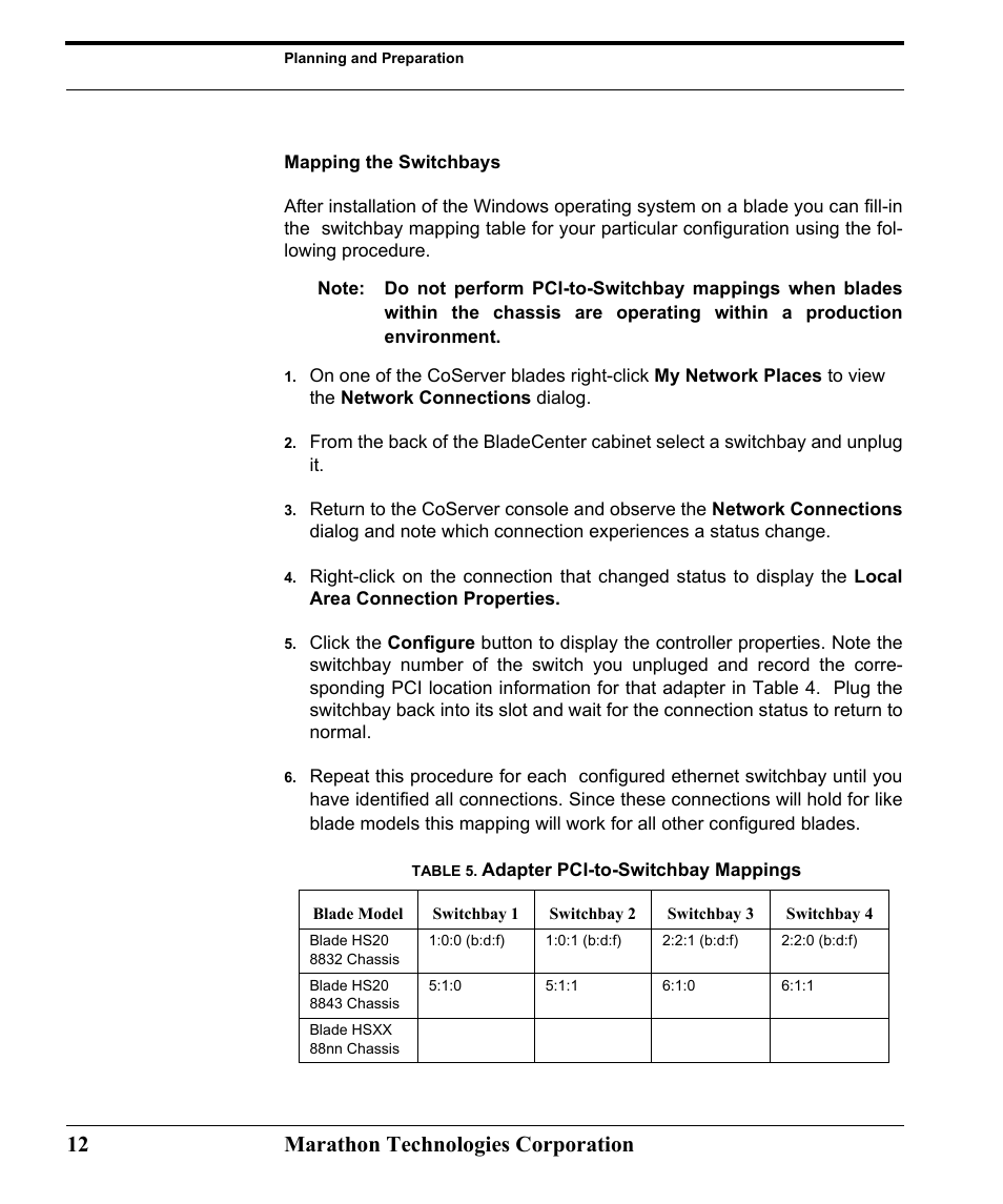 Mapping the switchbays, Table 5. adapter pci-to-switchbay mappings, Adapter pci-to-switchbay mappings | 12 marathon technologies corporation | Marathon Computer FTvirtual Server User Manual | Page 18 / 50