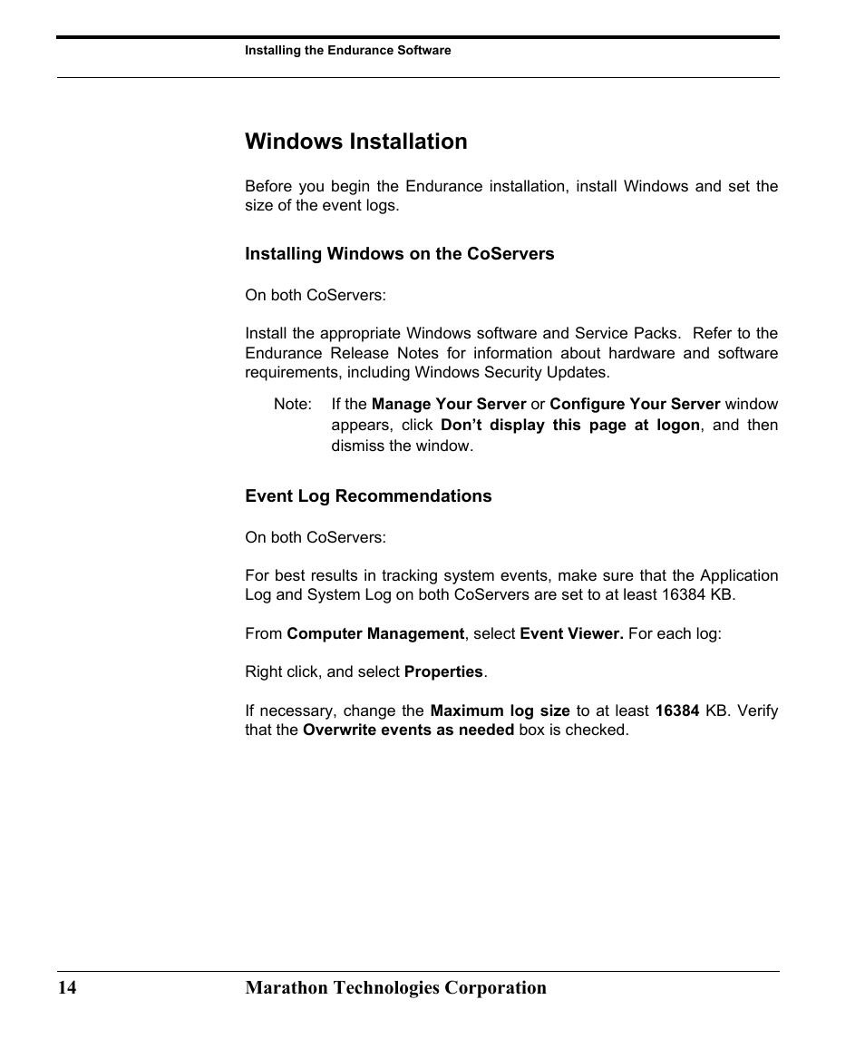 Windows installation, Installing windows on the coservers, Event log recommendations | Marathon Computer FTvirtual Server User Manual | Page 20 / 50