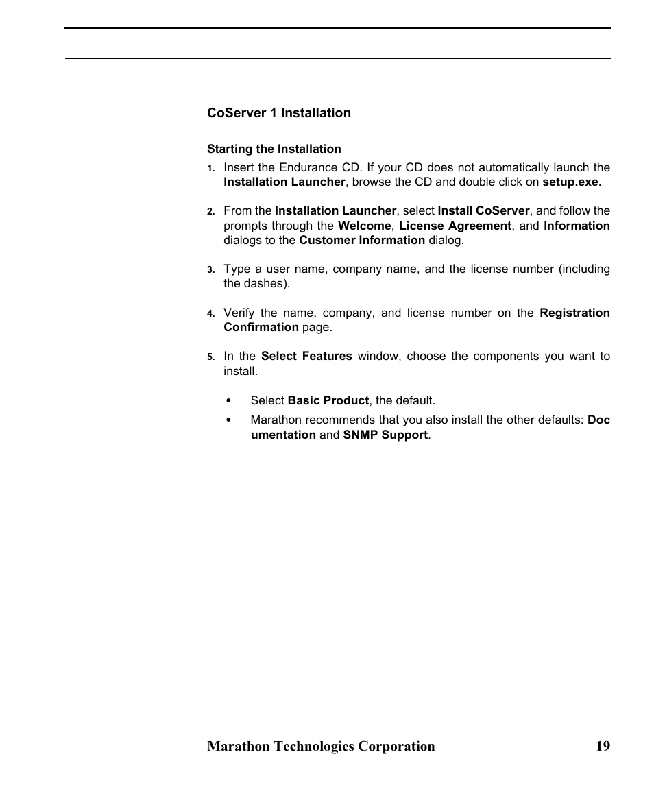 Coserver 1 installation, Starting the installation, Marathon technologies corporation 19 | Marathon Computer FTvirtual Server User Manual | Page 25 / 50