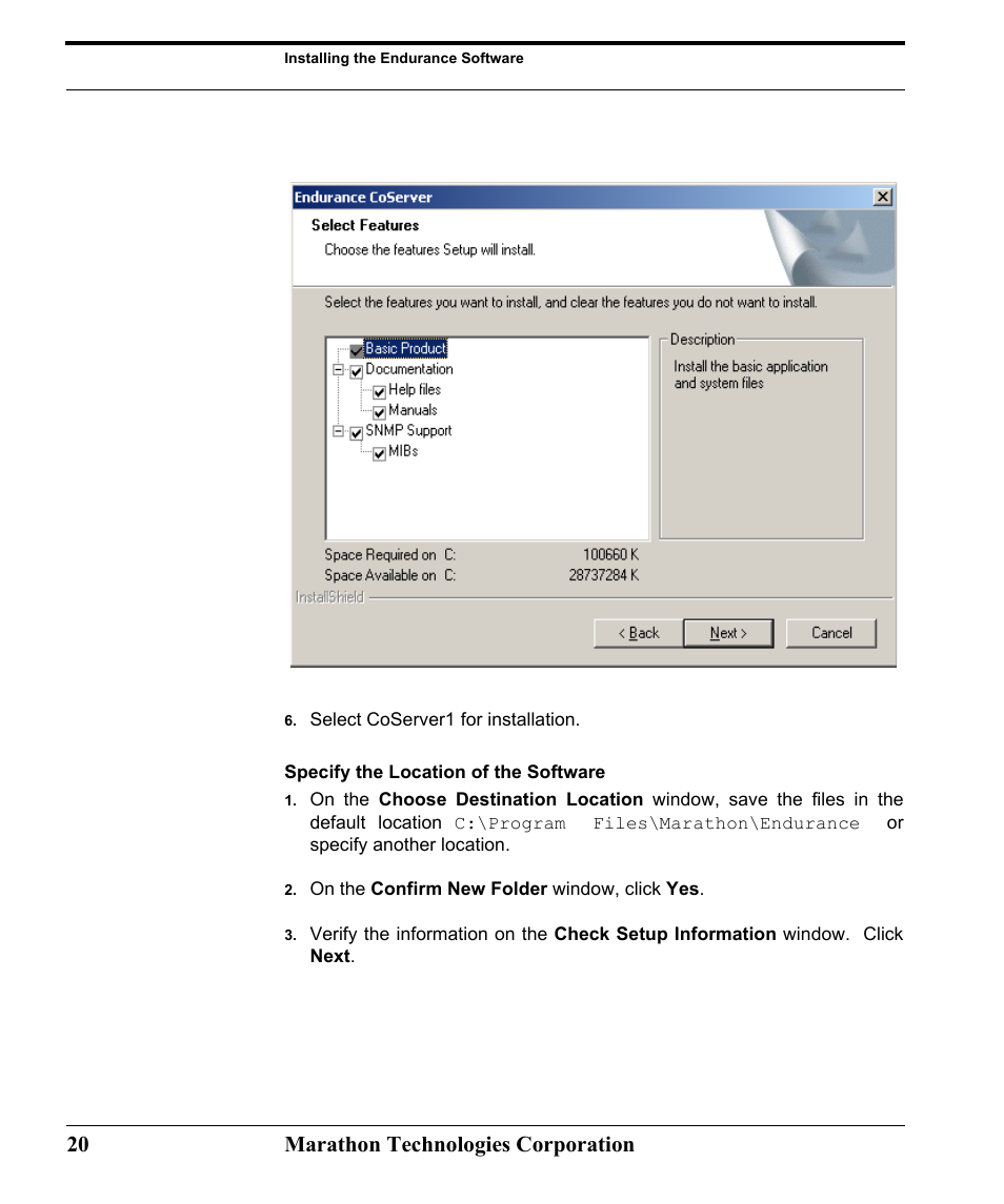 Specify the location of the software, 20 marathon technologies corporation | Marathon Computer FTvirtual Server User Manual | Page 26 / 50