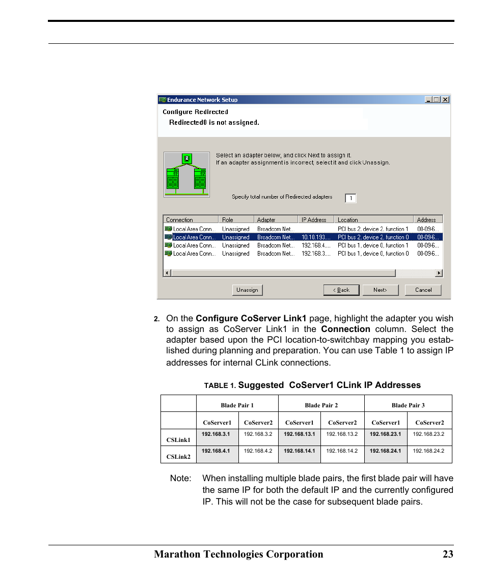 Table 1. suggested coserver1 clink ip addresses, Table - suggested coserver1 clink ip addresses, Marathon technologies corporation 23 | Suggested coserver1 clink ip addresses | Marathon Computer FTvirtual Server User Manual | Page 29 / 50