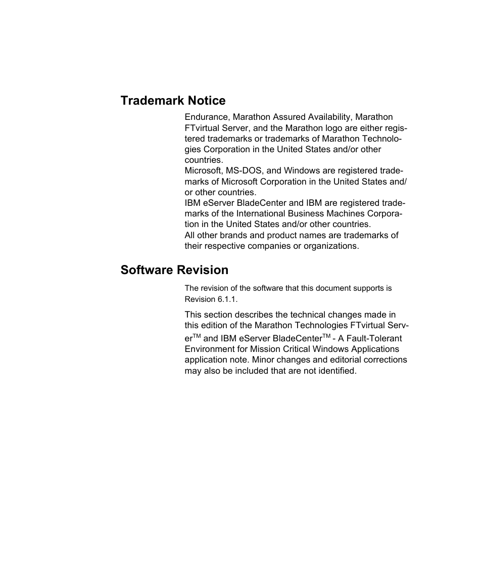Trademark notice, Software revision | Marathon Computer FTvirtual Server User Manual | Page 3 / 50