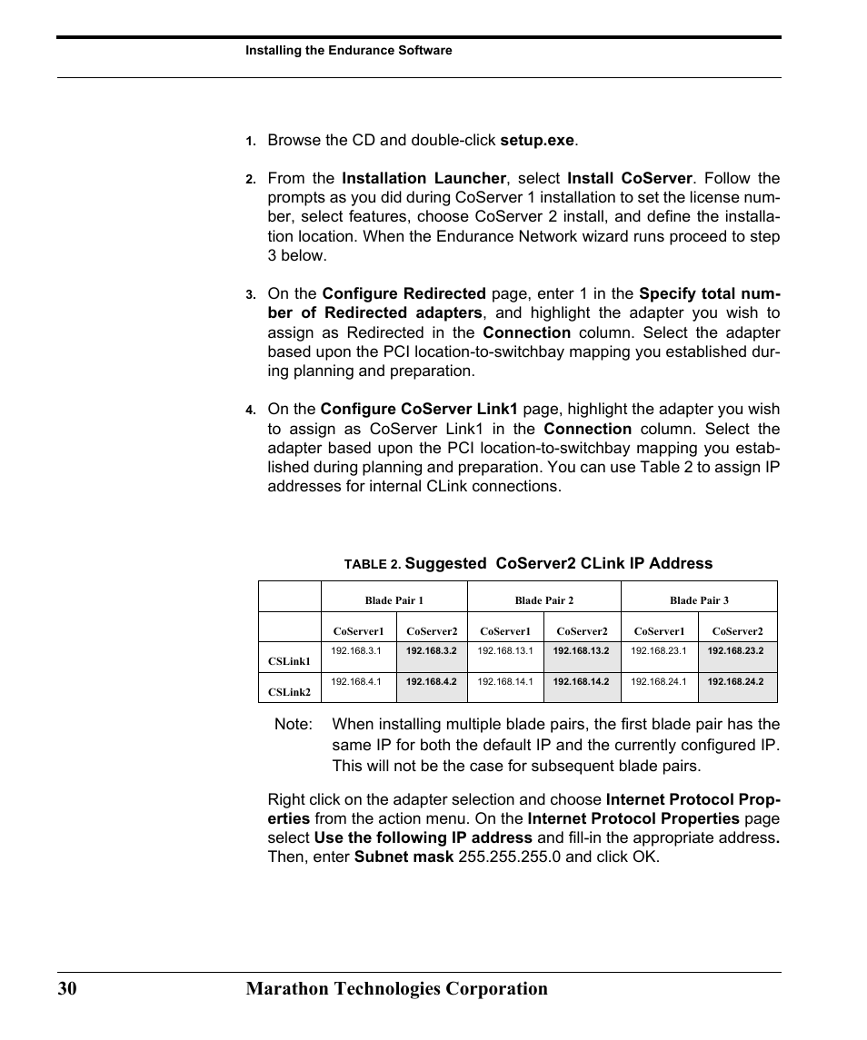 Table 2. suggested coserver2 clink ip address, Table - suggested coserver2 clink ip address, 30 marathon technologies corporation | Browse the cd and double-click setup.exe, Suggested coserver2 clink ip address | Marathon Computer FTvirtual Server User Manual | Page 36 / 50