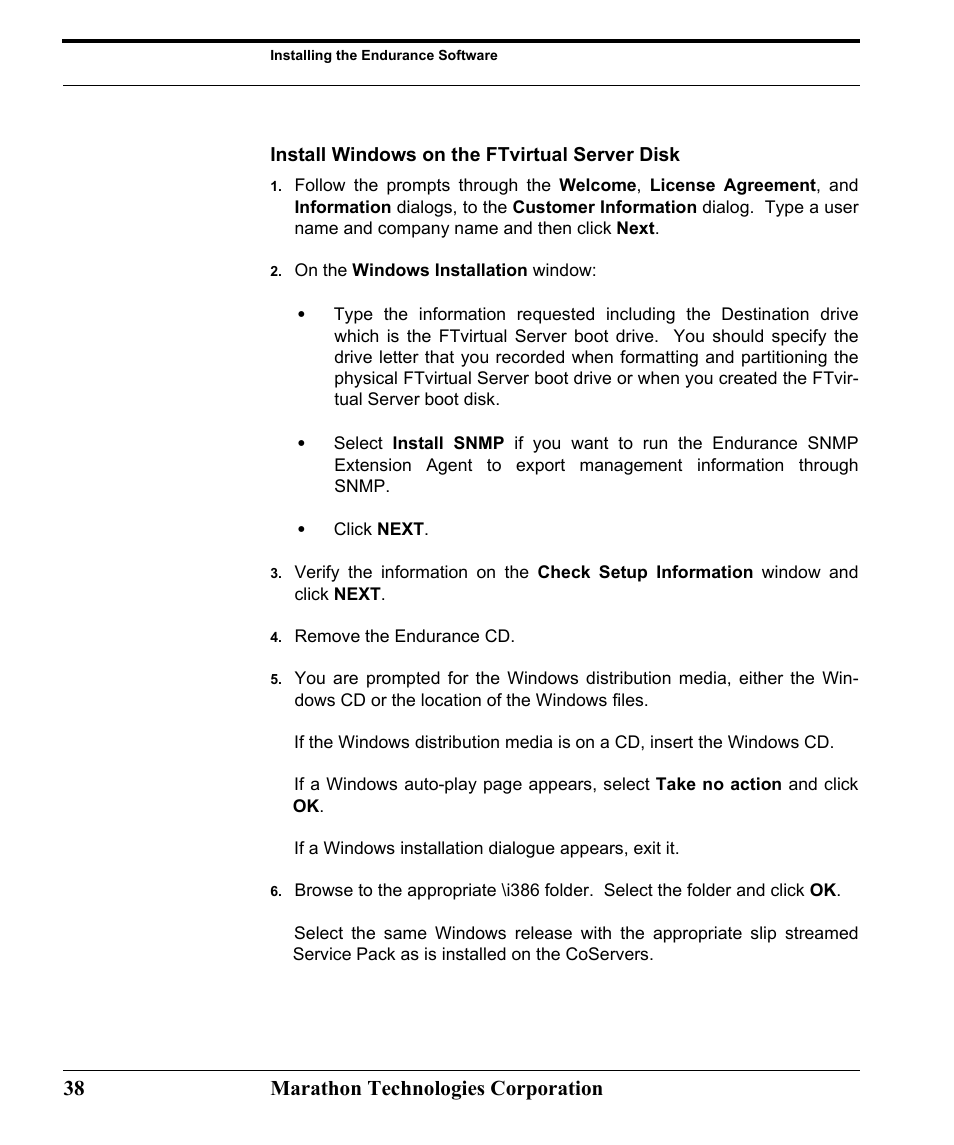 Install windows on the ftvirtual server disk, 38 marathon technologies corporation | Marathon Computer FTvirtual Server User Manual | Page 44 / 50
