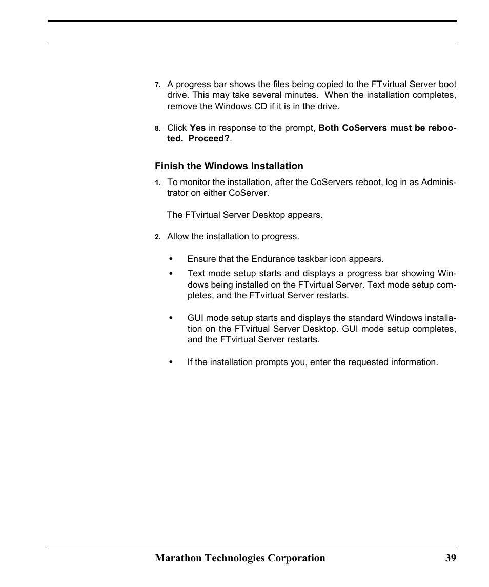 Finish the windows installation, Marathon technologies corporation 39 | Marathon Computer FTvirtual Server User Manual | Page 45 / 50