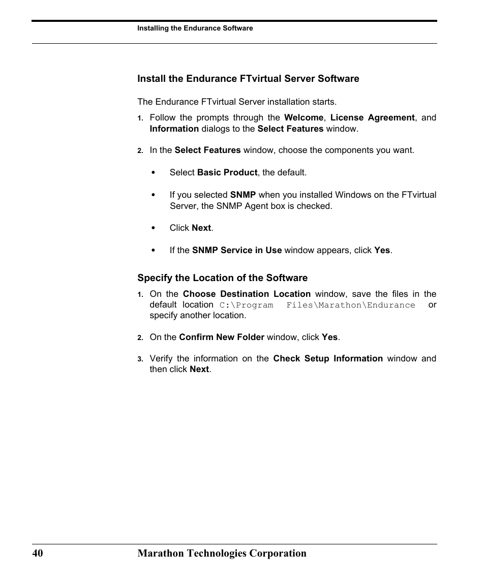 Install the endurance ftvirtual server software, Specify the location of the software, 40 marathon technologies corporation | Marathon Computer FTvirtual Server User Manual | Page 46 / 50