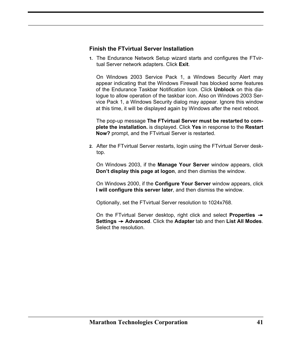 Finish the ftvirtual server installation, Marathon technologies corporation 41 | Marathon Computer FTvirtual Server User Manual | Page 47 / 50