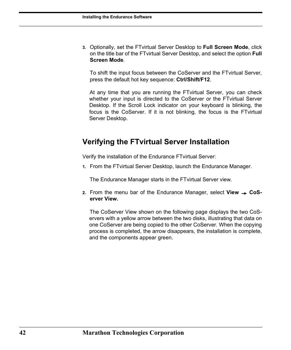 Verifying the ftvirtual server installation, 42 marathon technologies corporation | Marathon Computer FTvirtual Server User Manual | Page 48 / 50