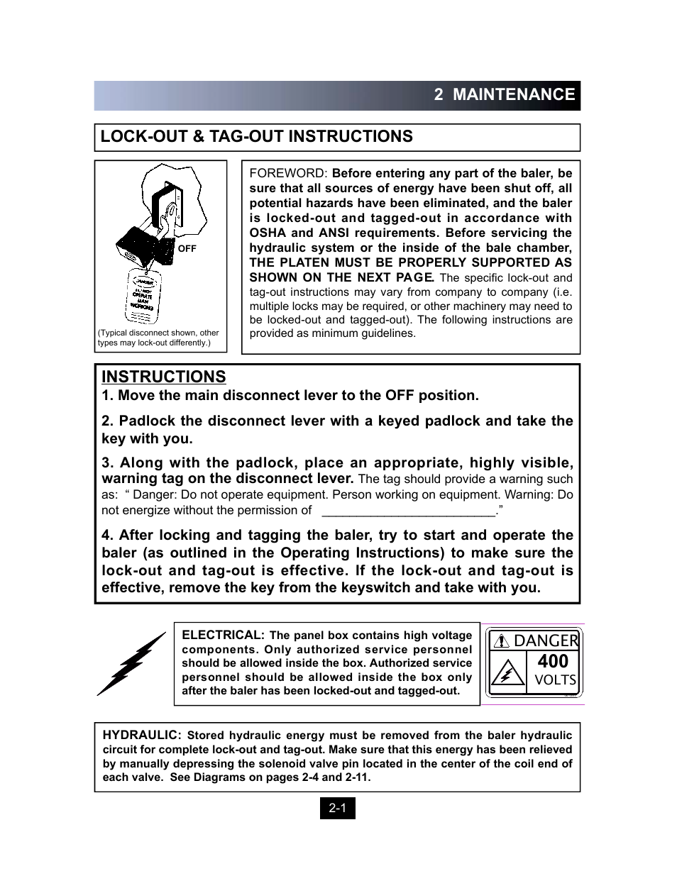 2 maintenance lock-out & tag-out instructions, Instructions, Danger | Marathon Computer Vertical Recycler Baler V-4224 User Manual | Page 14 / 31