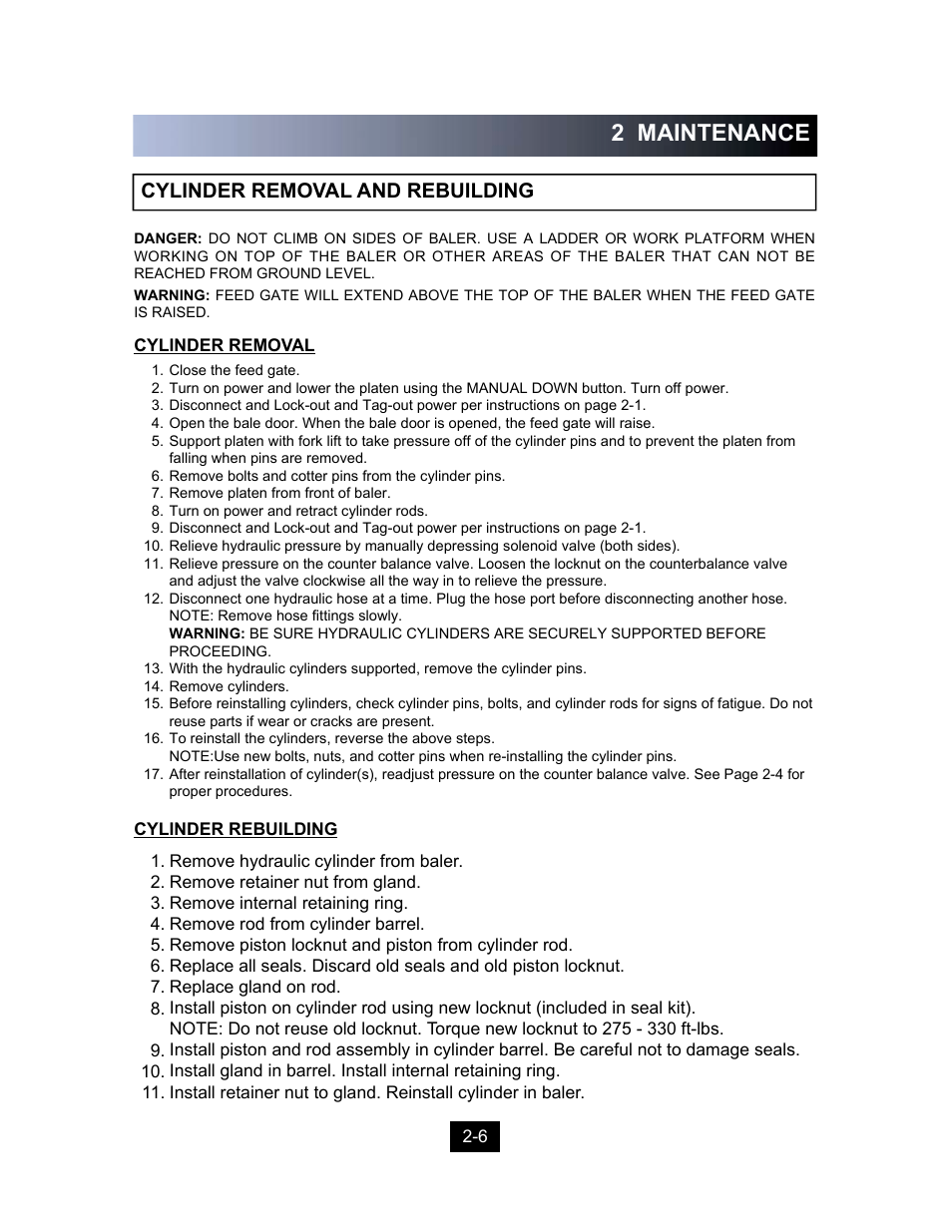 2 maintenance, Cylinder removal and rebuilding | Marathon Computer Vertical Recycler Baler V-4224 User Manual | Page 19 / 31