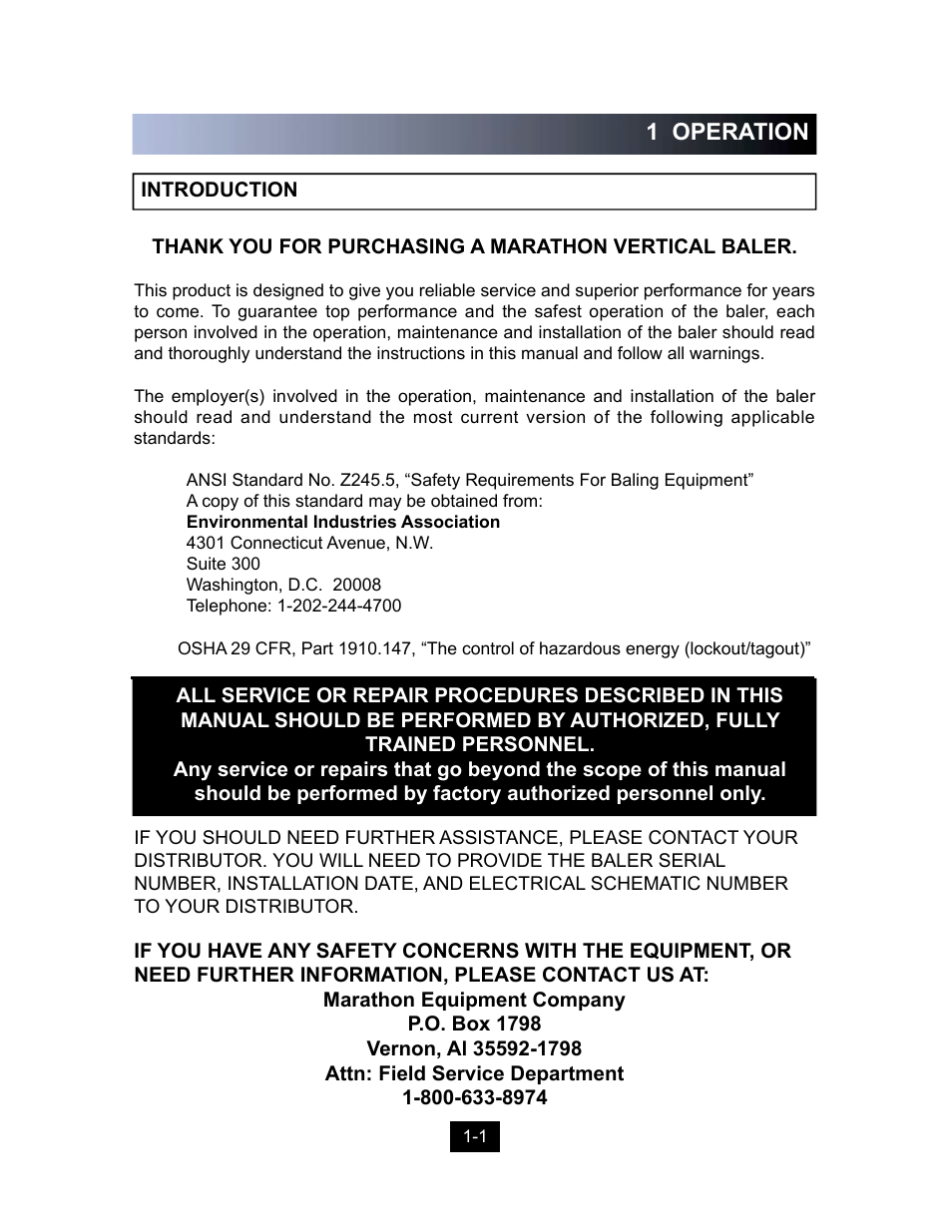 1 operation | Marathon Computer Vertical Recycler Baler V-4224 User Manual | Page 3 / 31