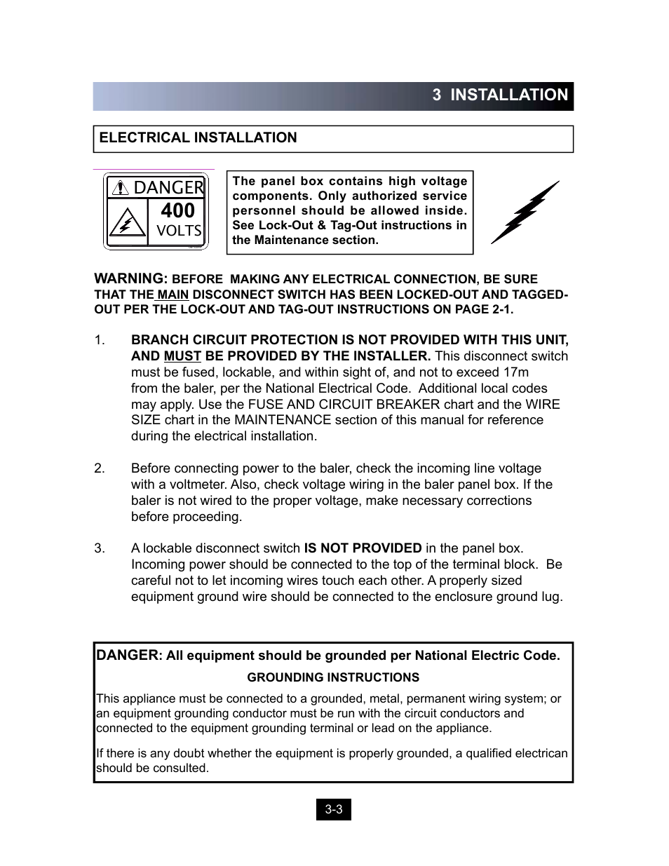 Danger, 3 installation | Marathon Computer Vertical Recycler Baler V-4224 User Manual | Page 30 / 31