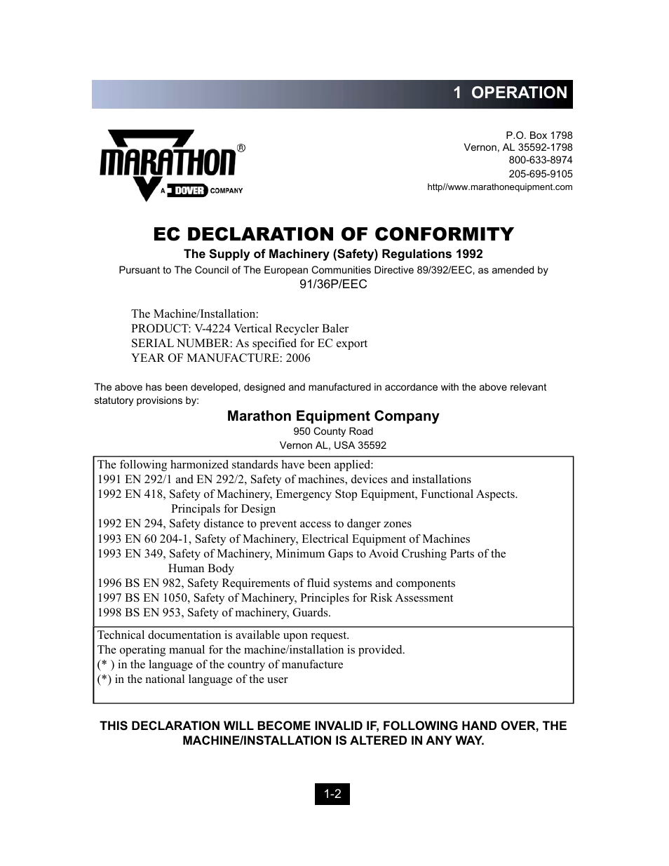 Ec declaration of conformity, 1 operation | Marathon Computer Vertical Recycler Baler V-4224 User Manual | Page 4 / 31