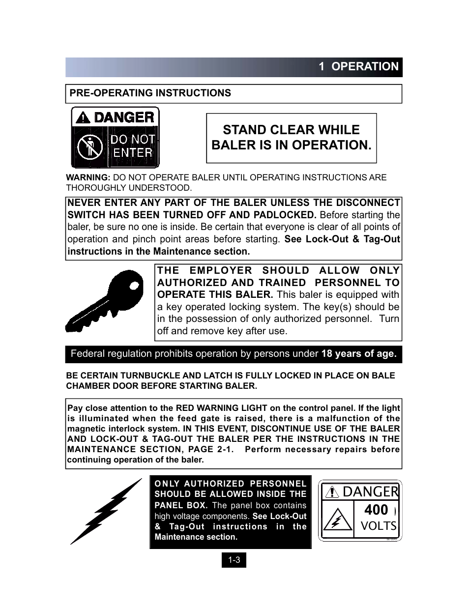 Danger, Stand clear while baler is in operation | Marathon Computer Vertical Recycler Baler V-4224 User Manual | Page 5 / 31