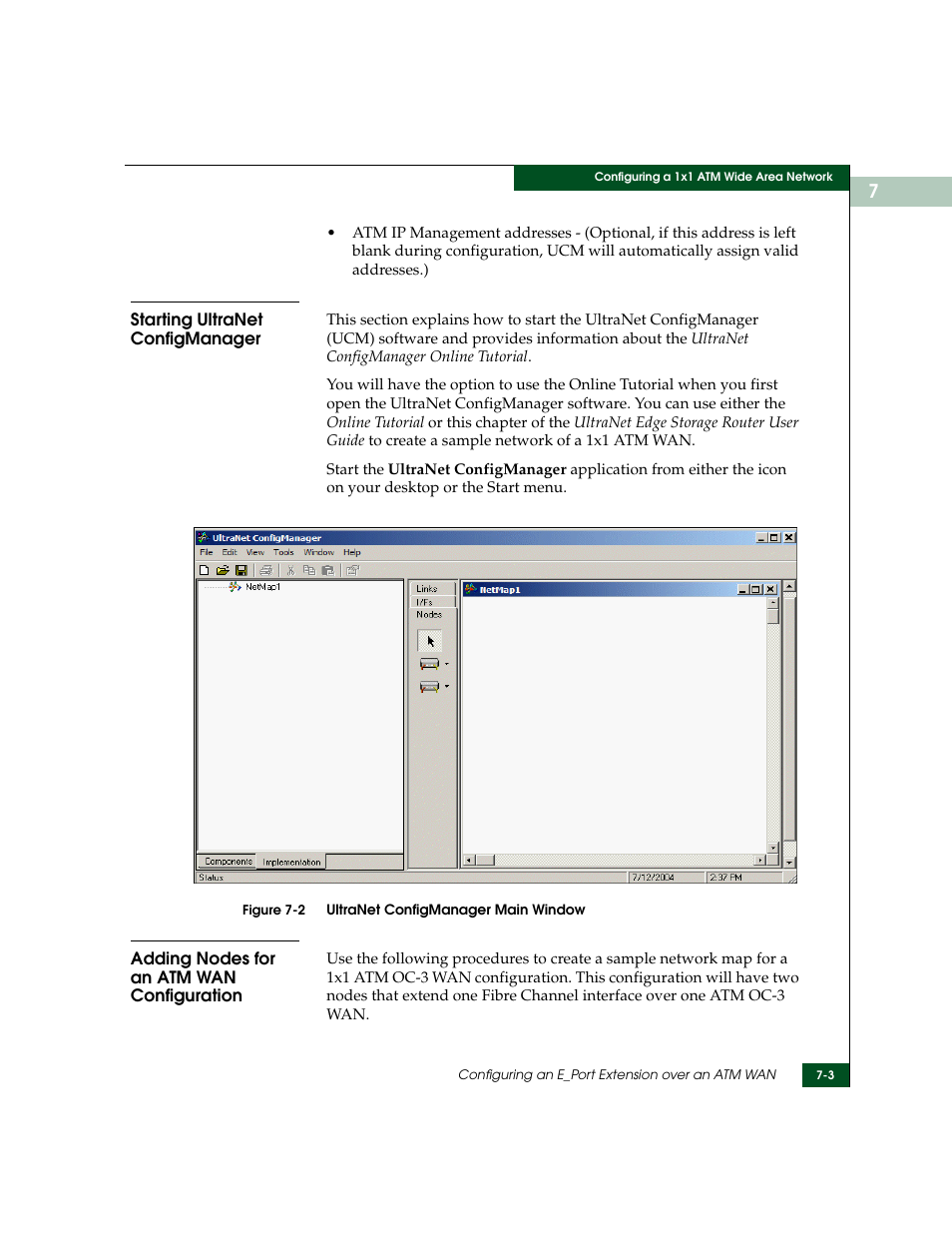 Starting ultranet configmanager, Adding nodes for an atm wan configuration, Ultranet configmanager main window -3 | McDATA ULTRANETTM EDGE STORAGE ROUTER 3000 User Manual | Page 141 / 428