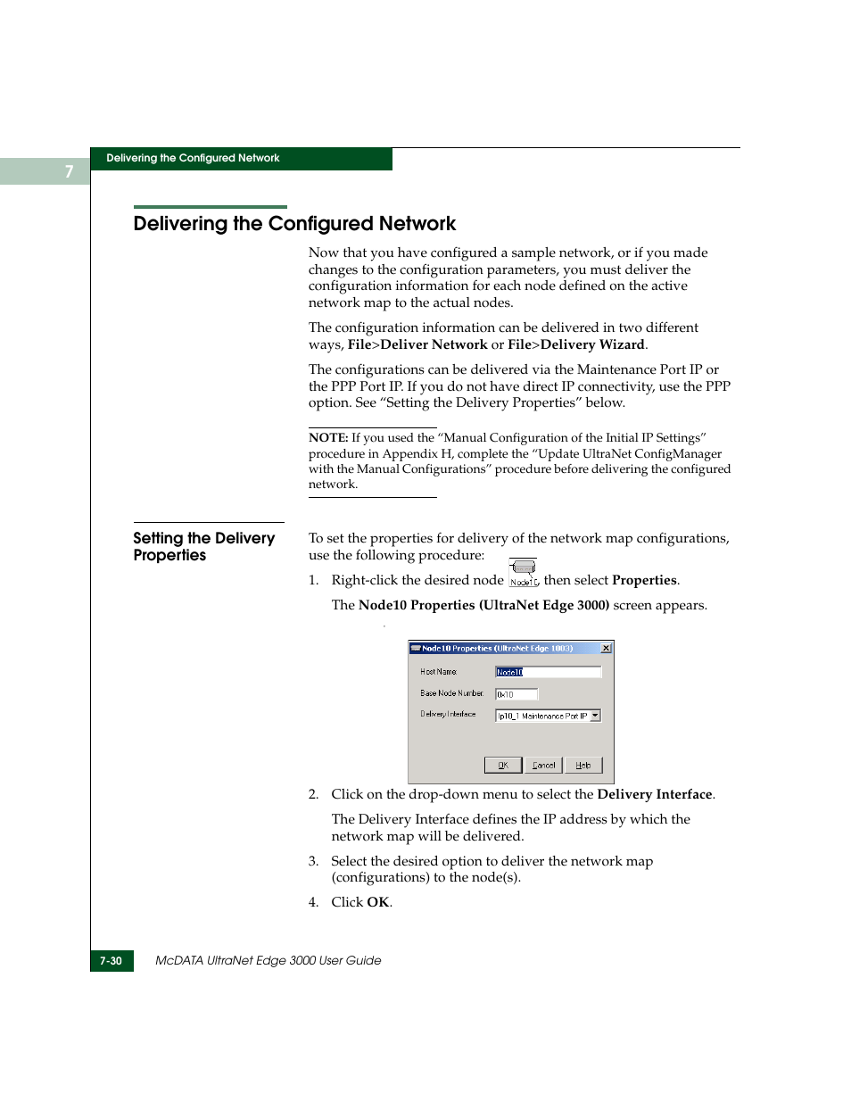 Delivering the configured network, Setting the delivery properties, Delivering the configured network -30 | Setting the delivery properties -30 | McDATA ULTRANETTM EDGE STORAGE ROUTER 3000 User Manual | Page 168 / 428