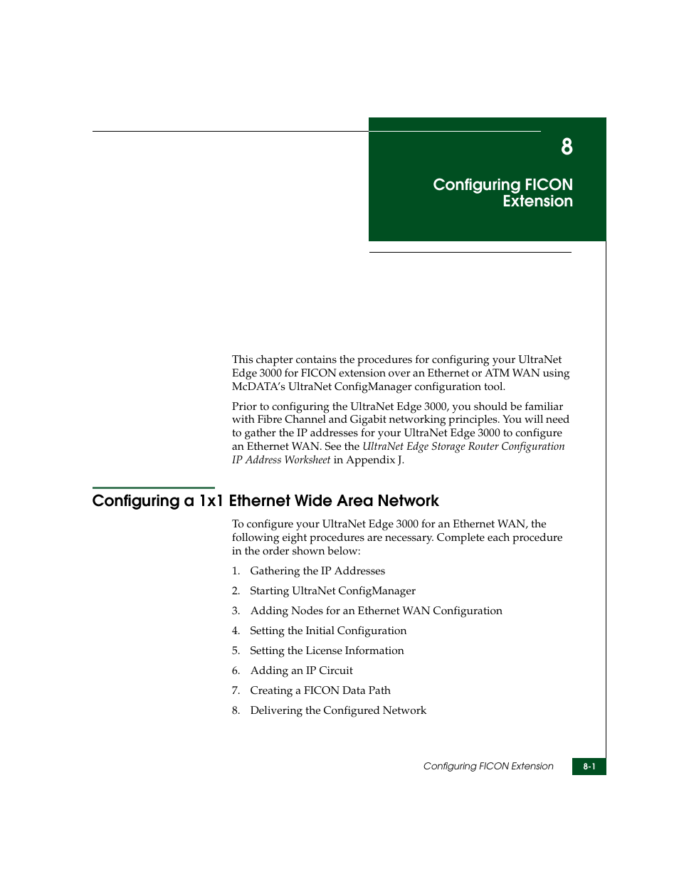 Configuring ficon extension, Configuring a 1x1 ethernet wide area network, Chapter 8 | Configuring a 1x1 ethernet wide area network -1, Configuring, Ficon extension | McDATA ULTRANETTM EDGE STORAGE ROUTER 3000 User Manual | Page 173 / 428