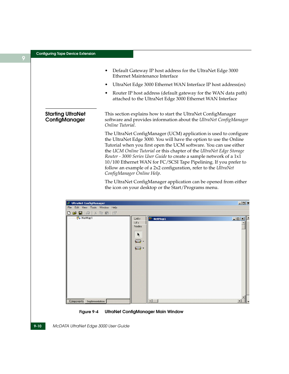 Starting ultranet configmanager, Starting ultranet configmanager -10, Ultranet configmanager main window -10 | McDATA ULTRANETTM EDGE STORAGE ROUTER 3000 User Manual | Page 218 / 428