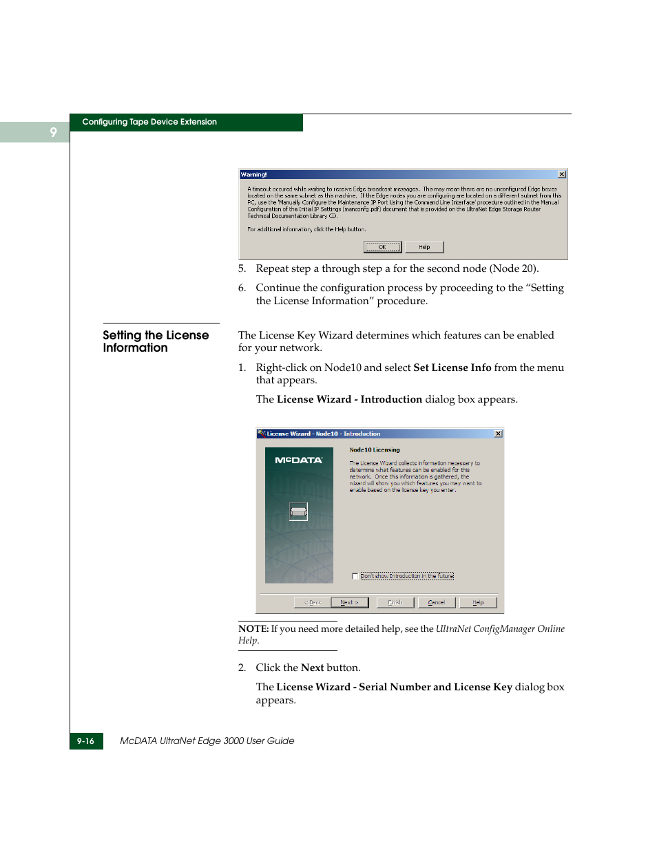 Setting the license information, Setting the license information -16 | McDATA ULTRANETTM EDGE STORAGE ROUTER 3000 User Manual | Page 224 / 428