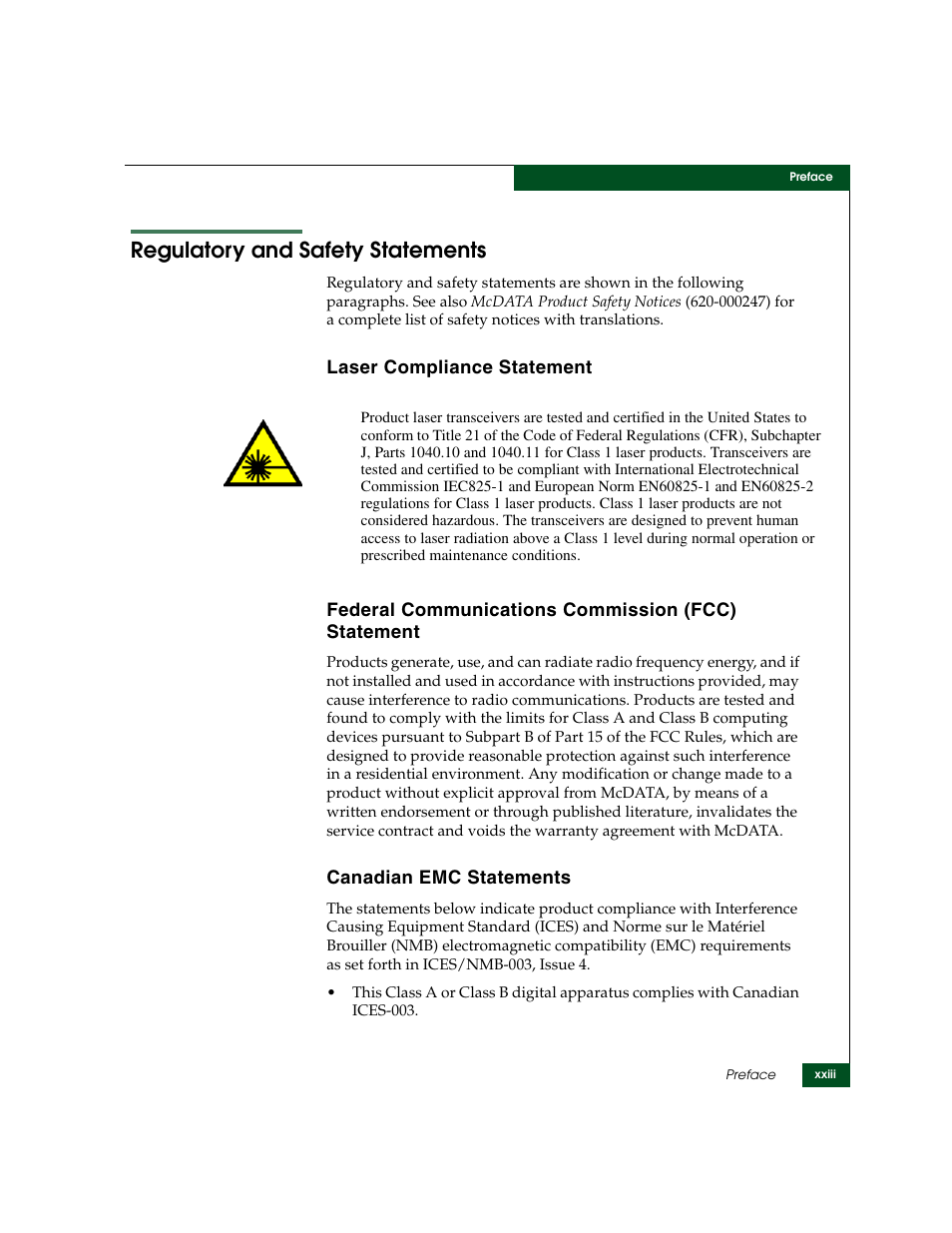 Regulatory and safety statements | McDATA ULTRANETTM EDGE STORAGE ROUTER 3000 User Manual | Page 23 / 428